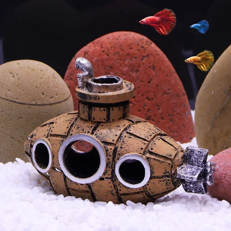 Resin Submarine Aquarium Ornament – Fish & Shrimp Cave Decor