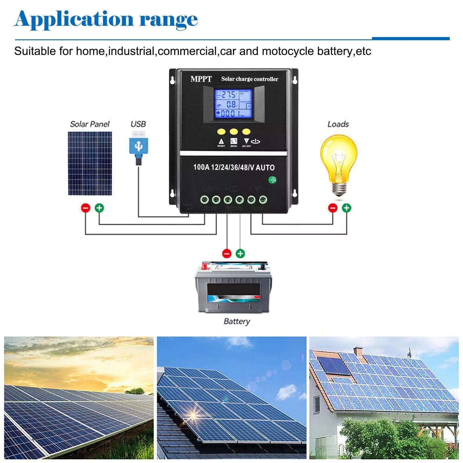 100A MPPT Solar Charge Controller 12V 24V 36V 48V Panel Battery