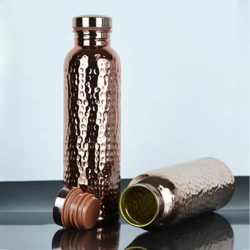 New 800ML Electroplated Copper Water Bottle One-Click Open Lid Stainless Steel Hammer Pattern Cup Sports Water Bottle Zpaxo