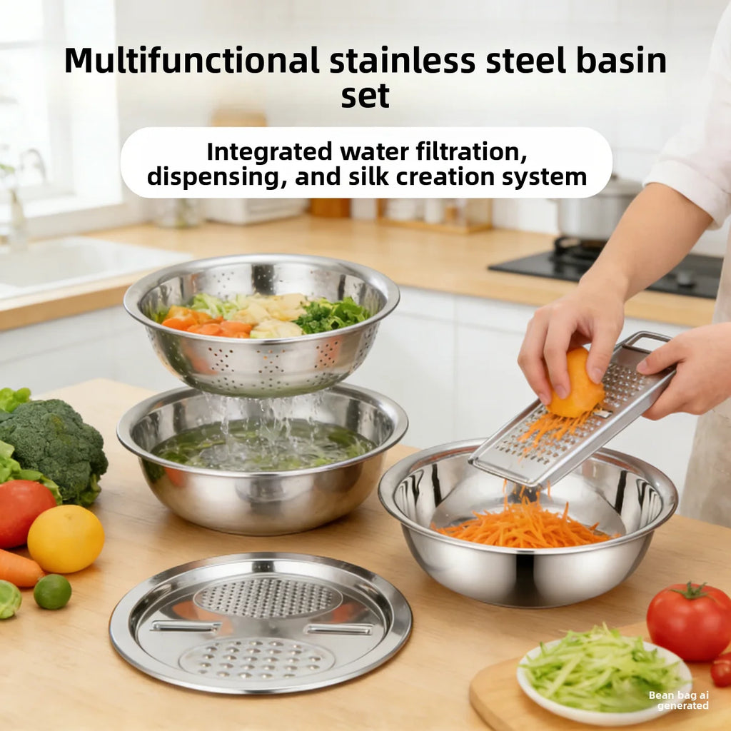 3PCS/1Set Multifunctional Vegetable Slicer Stainless Steel Blade Potato Carrot Grater Vegetable Washing Basin Drain Basket Kitch Zpaxo