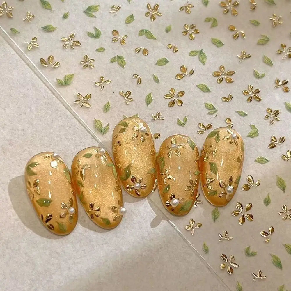 Golden Leaf Nail Sticker Bronzing Spring Flowers Adhesive Cup Stickers Five Petal Flower Backing Blossom Decal Nail Art Sticker Zpaxo