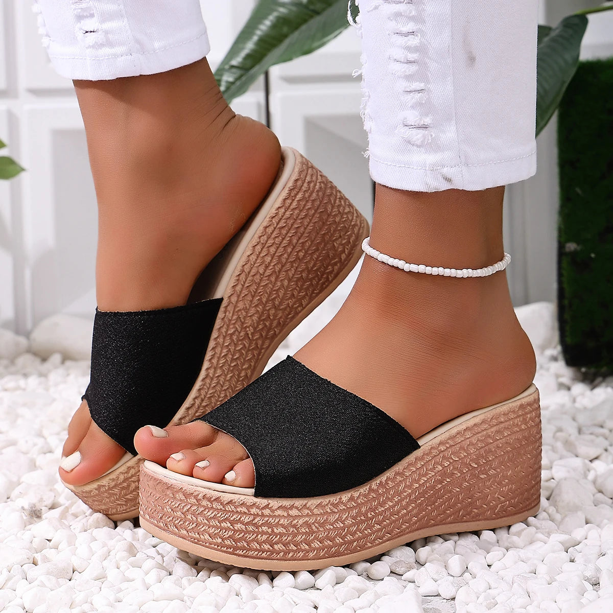 Women Slippers 2025 Casual Platform Wedge Sandals Open Toe Thick Zpaxo black 34