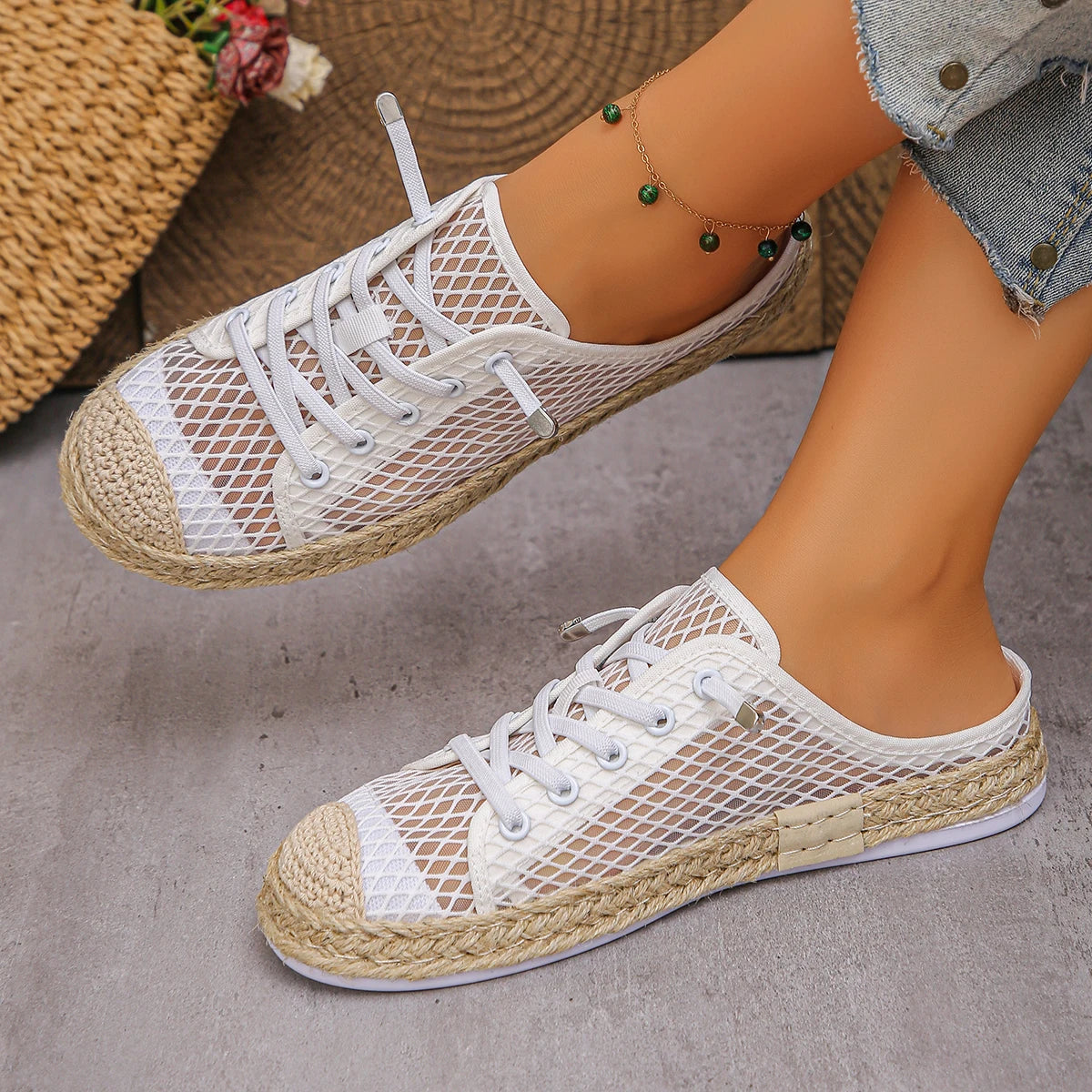 Women Flat Sandals Hollow Up Casual Shoes Women Fashion Mesh Breathable Shoes Woman Large Size Lace Up Sneakers Zapatos De Mujer Zpaxo