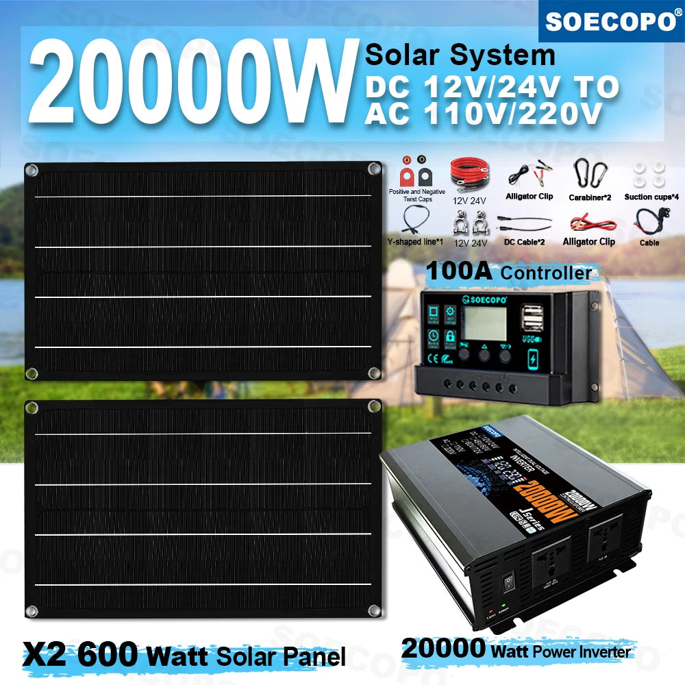 SOECOPO 20000W Solar System Off Grid Kit 2*600W Panel 12V 24V To 220V/110V Inverter Socket 100A Controller for Camping Balcony Zpaxo