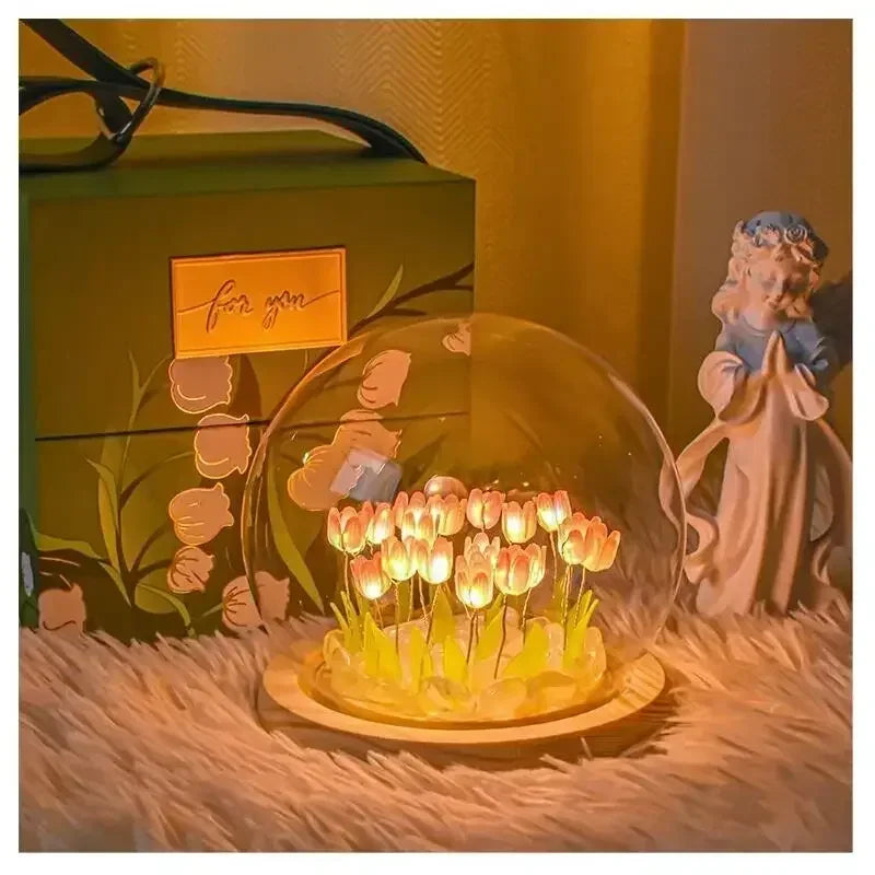 LED Tulip Flower Night Light – DIY Glass Dome Bedside Lamp Decorative Night Lamp Zpaxo
