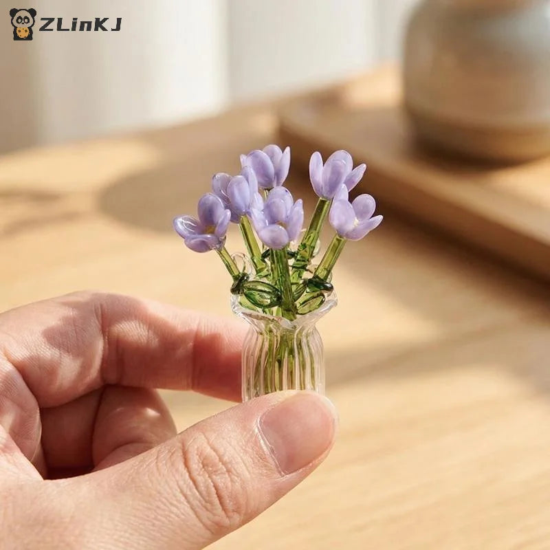 ▶Mini Lifelike Glass Flowers Simulation Flowers Handcrafted Floral Sculpture Floral Bouquet With Vase Dollhouse Decorative Model Zpaxo