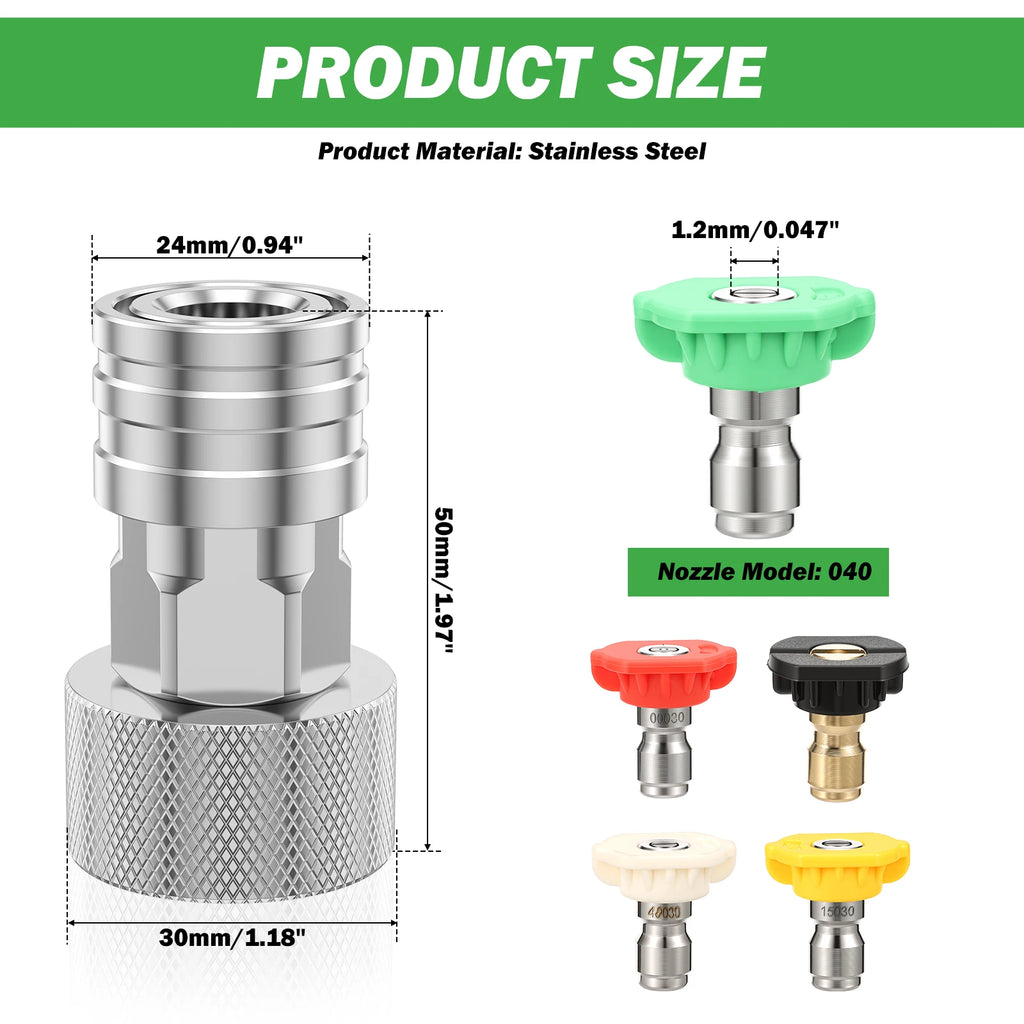 Garden Hose Power Washer Adapter 3/4 GHT to 1/4 Quick Connect Leak Leak Proof Stainless Steel Coupler with Spray Nozzle Tips Set Zpaxo A with 5 nozzle