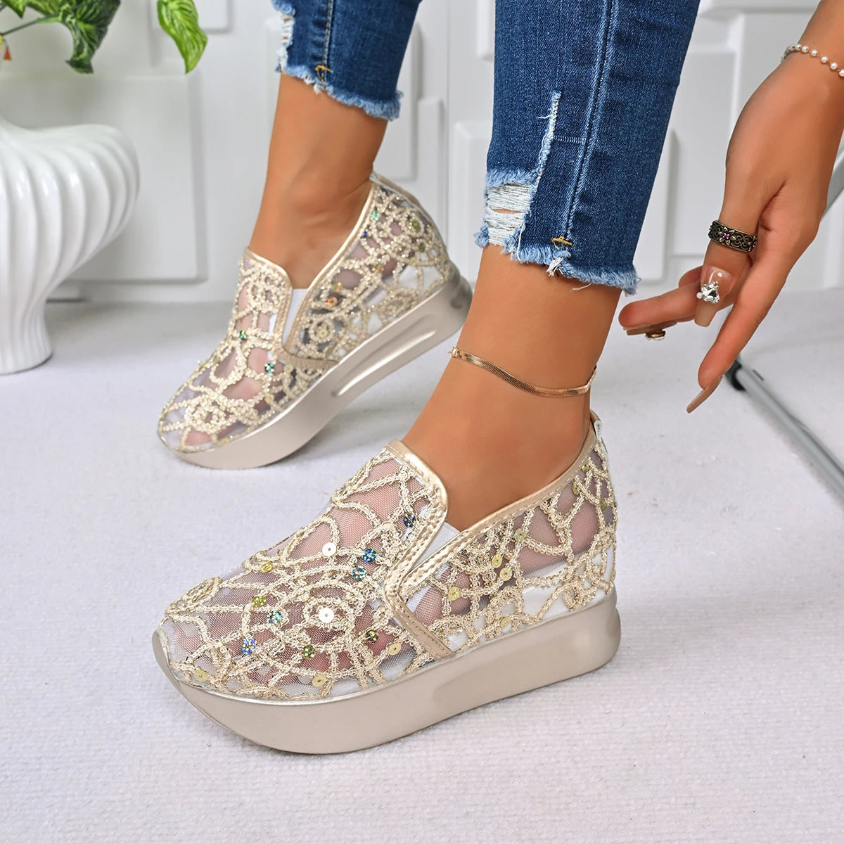 Platform Wedges Women Sneakers Comfortable Lightweight Embroidery