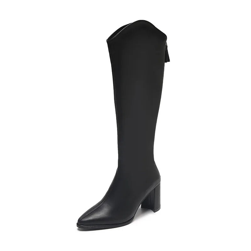 Women Boots Zipper Thick Heels Simple Autumn Winter Knee Zpaxo Black plus velvet 43 China Mainland