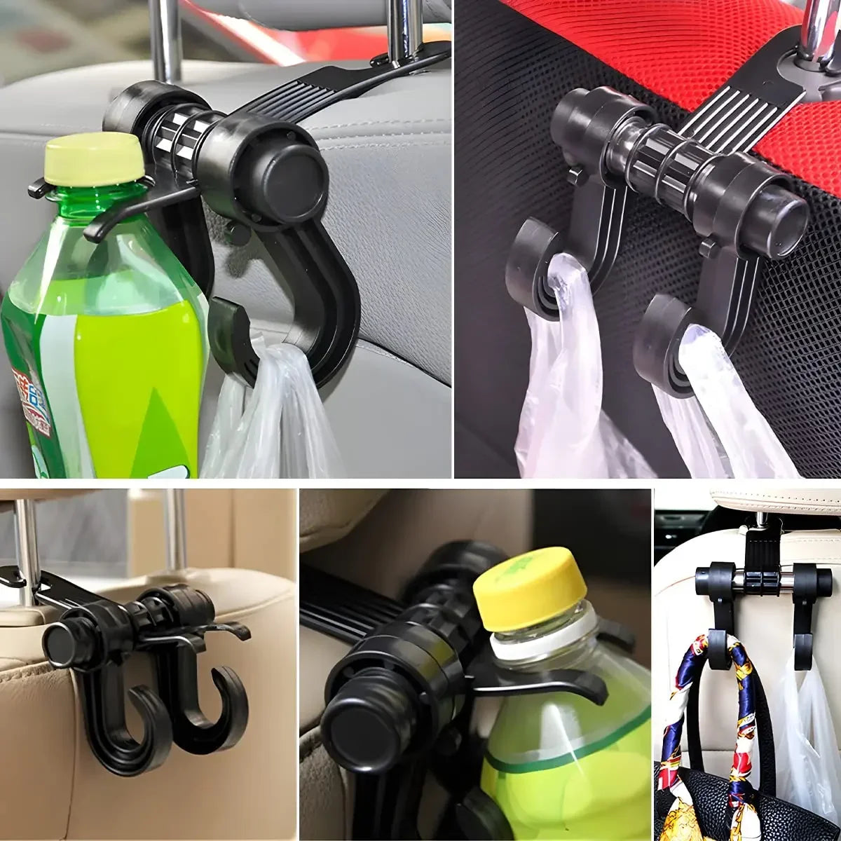 Car Seat Headrest Hooks 360° Rotating Storage Hangers 2/4 Pack