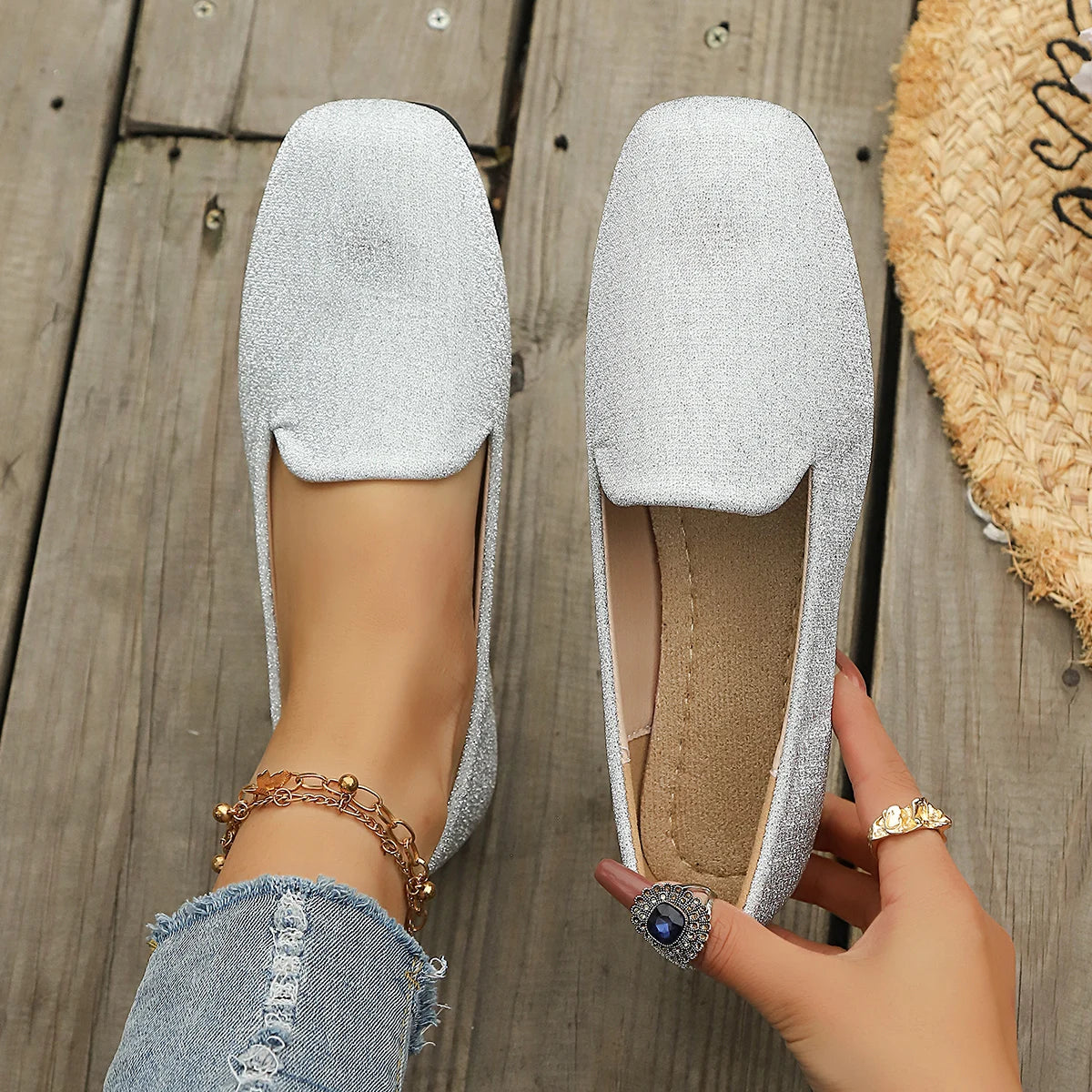 Women Flats Spring Summer Fashion Loafers Shallow Mouth Single Shoes Zpaxo Silver 39