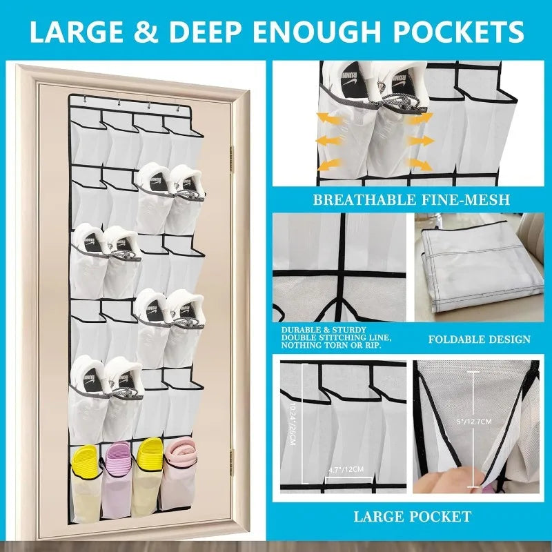Over Door Shoe Organizer 24 Large Breathable Mesh Pockets Foldable