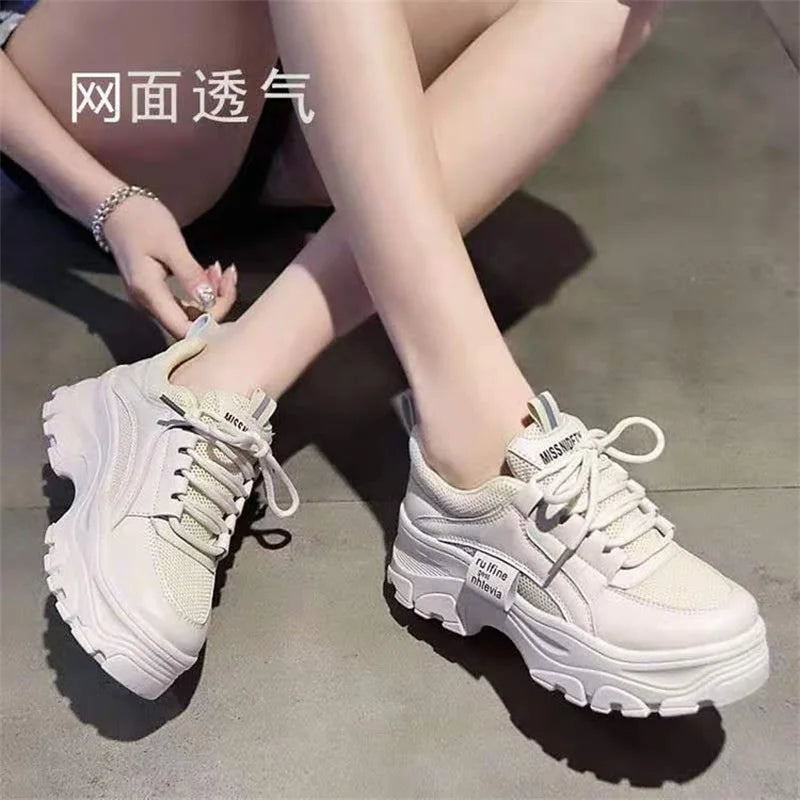 CINESSD Fashion White Women Chunky Sneakers Shoes Lace Up Platform Zpaxo
