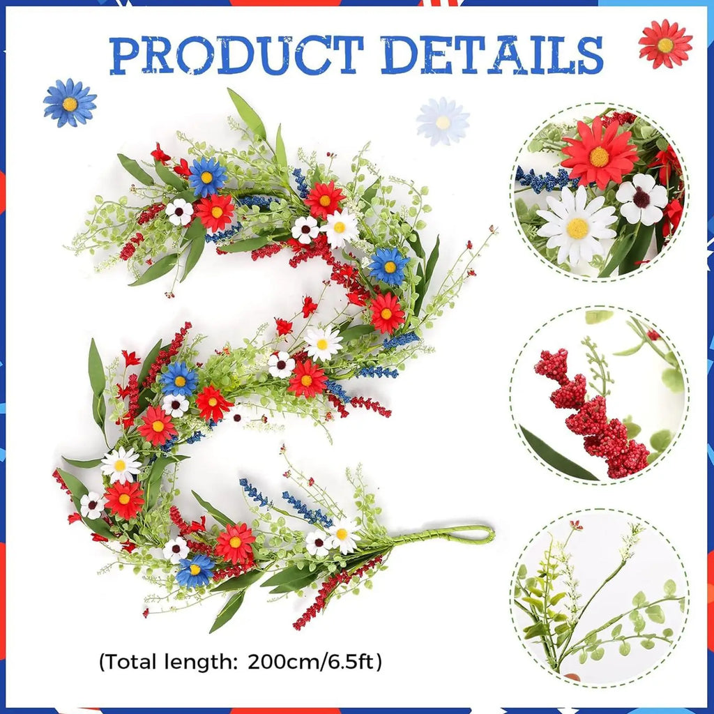 4th July Wreath 4 9Ft Red White Blue Daisy Garland Patriotic Decor