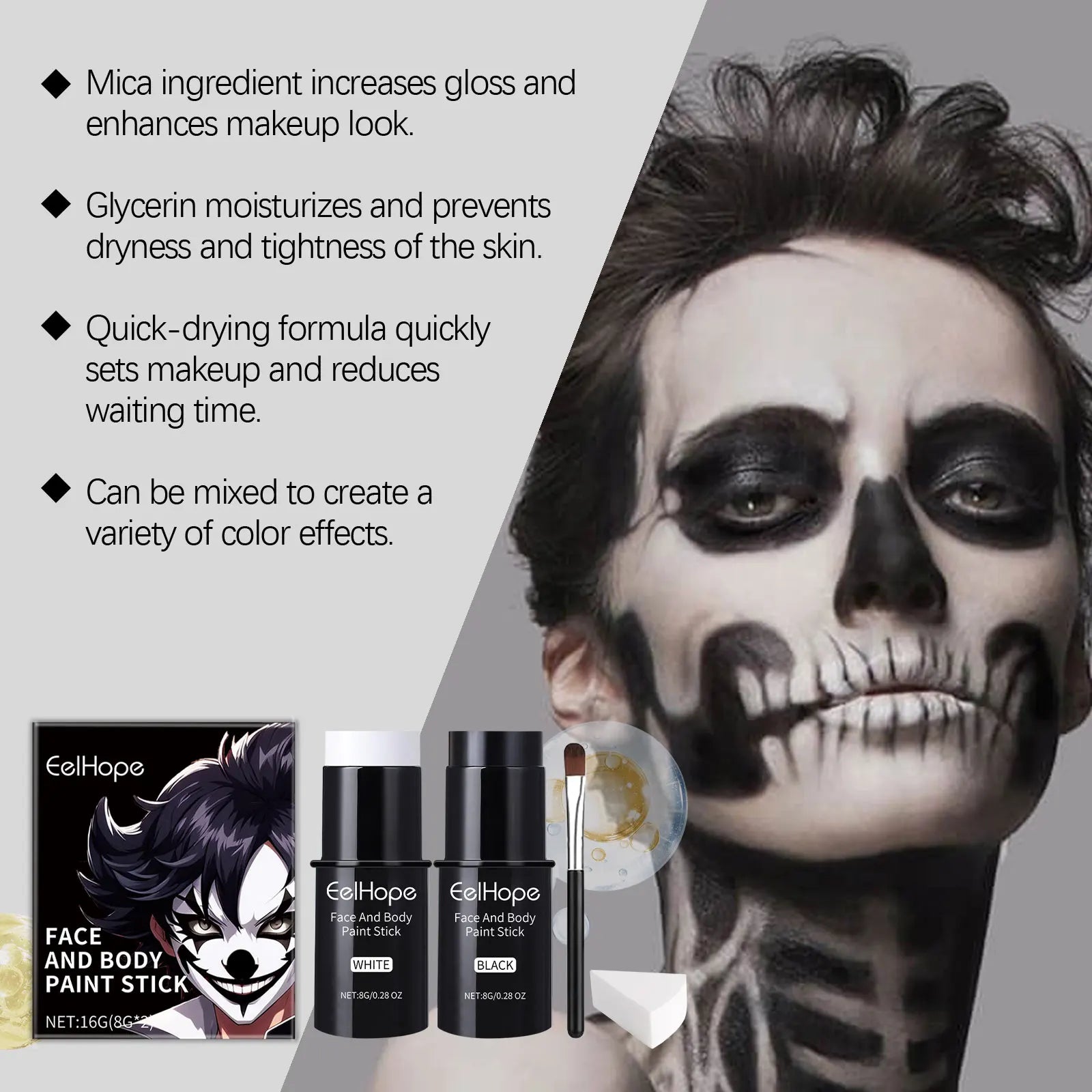 Halloween Black & White Face Body Paint Kit – Clown Joker Makeup Face & Body Paint Kit Zpaxo