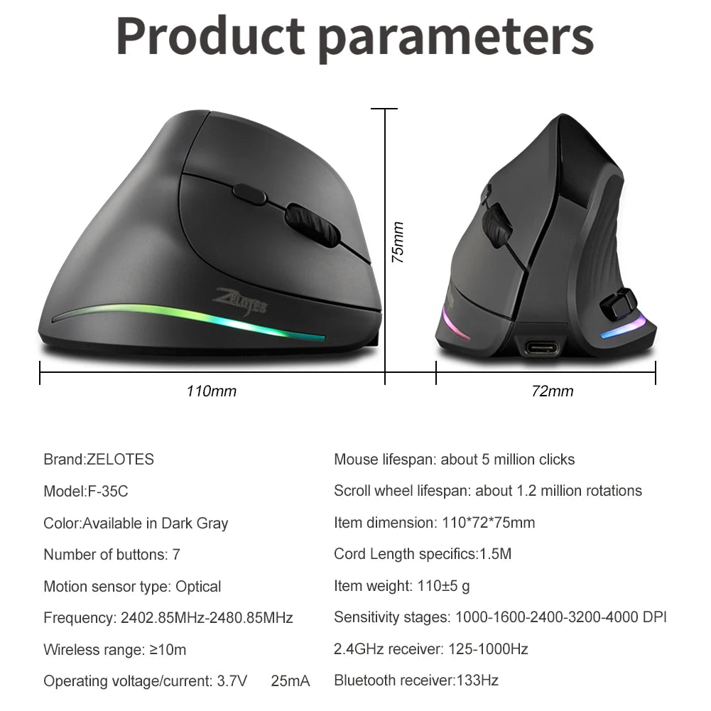 Vertical Wireless Mouse Rechargeable Bluetooth-compatible 7 Buttons