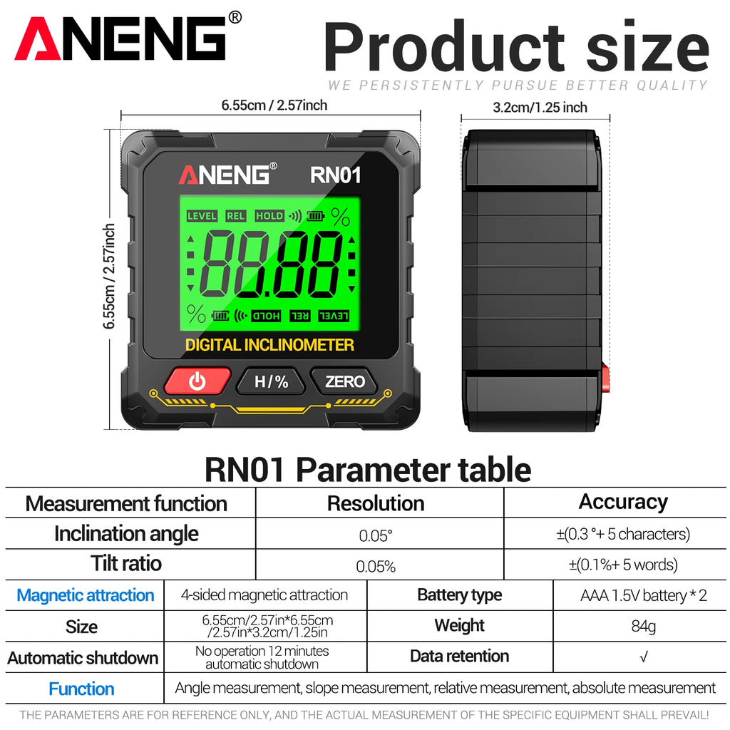 ANENG RN01 Digital Inclinometer 4-Side Strong Mag Angle Gauge 0 05
