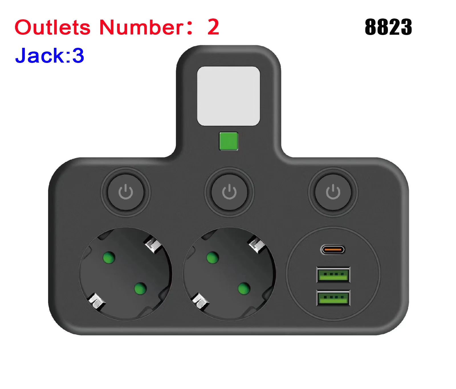 EU Power Strip with USB-C, Multiple AC Outlets & Switches EU Power Strip Zpaxo 8823 Black EU Plug