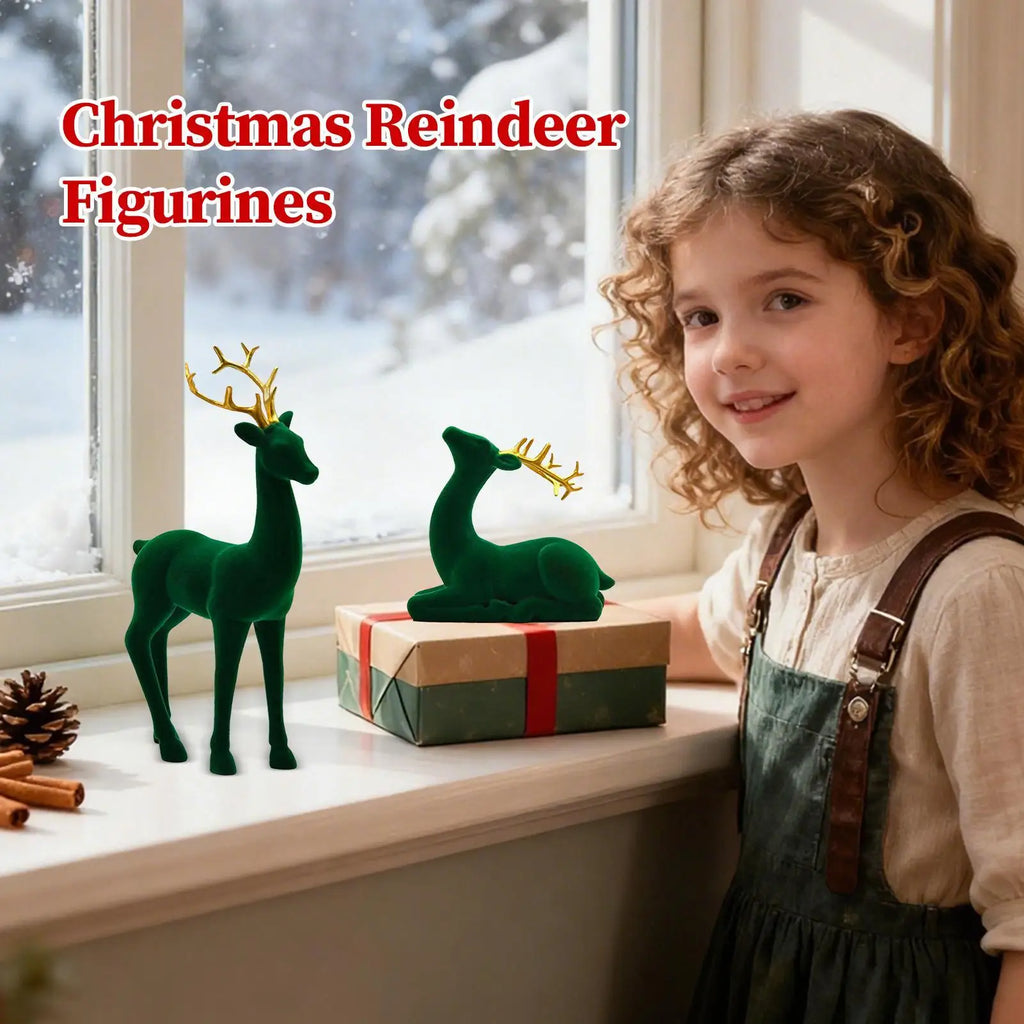 Reindeer Christmas Decor Flocking Deer Figures 2 Red Green Aesthetic