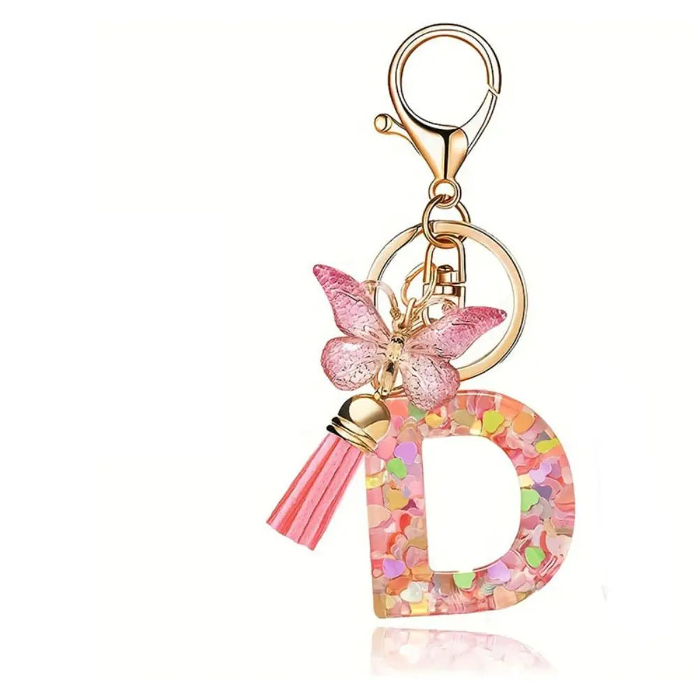 Personality Dreamy 26 Letter Keychain Sequin A-Z Butterfly Initial Keyring Exquisite Pink Alphabet Key Chain Handbag DecorWomen Zpaxo Letter D