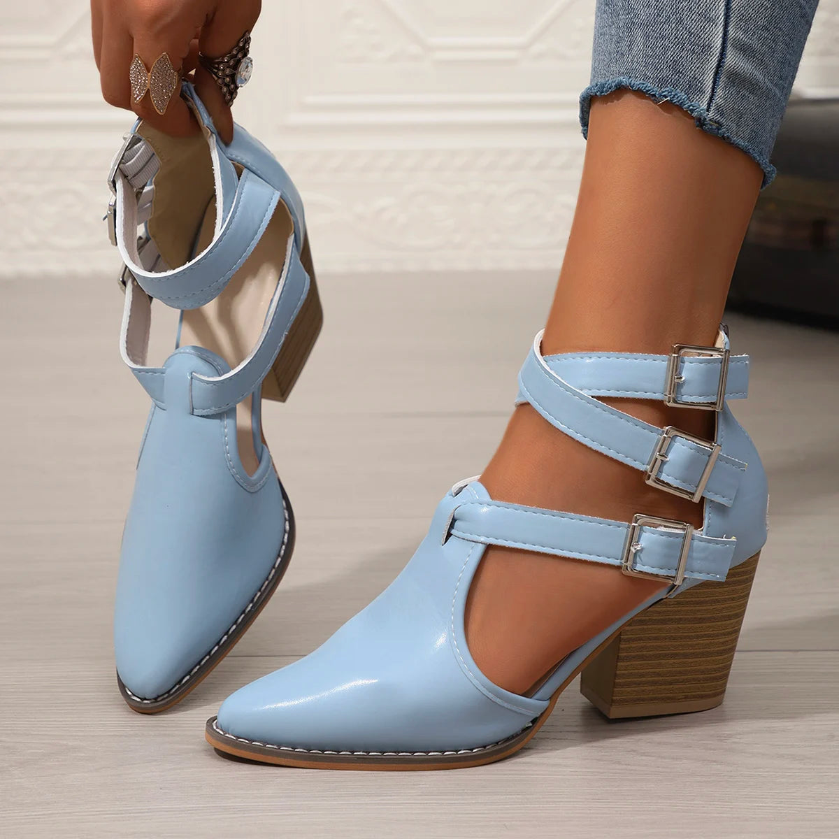 Woman Sandals 2025 Casual Chunky Heels Round Toe Burgundy Straps Zpaxo Blue 40