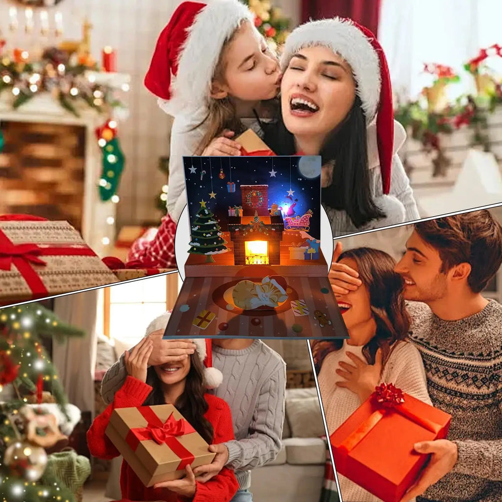 Christmas Popup Cards Musical Greeting Light Santa Projection 3D