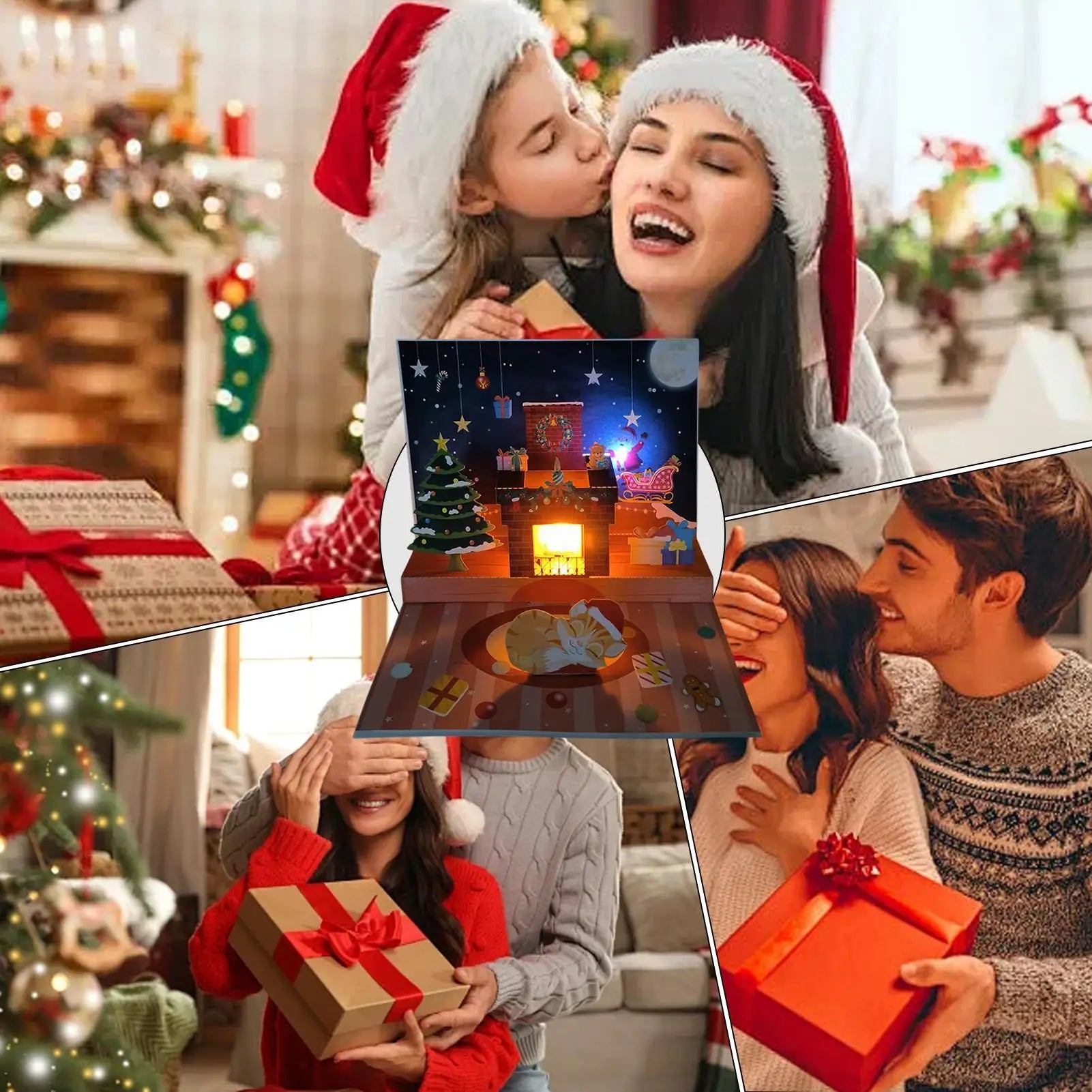 Christmas Popup Cards Musical Greeting Light Santa Projection 3D