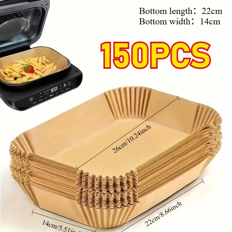 Disposable Air Fryer Liners Non-Stick Parchment Paper Rectangular Brown Heat Resistant for Baking and Frying Kitchen Essential Zpaxo 150PCS