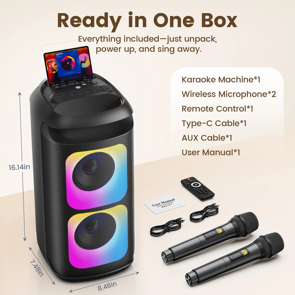 T37 Karaoke Machine 2 Wireless Microphones LED Lights 3D Sound Echo
