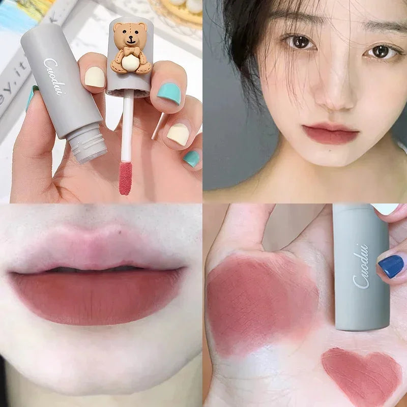 Girl's Velvet Matte Lipstick Blush Waterproof Long Lasting Cute Bear Lipgloss Non-Stick Cup Makeup Lip Tint Mud Cosmetic Makeup Zpaxo 04