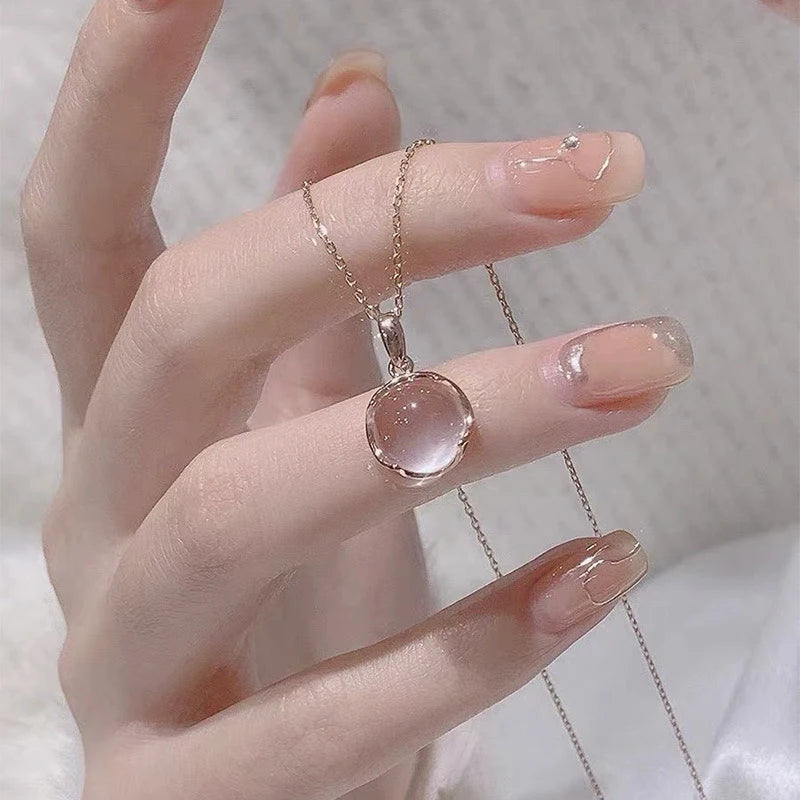 Pink White Chalcedony Round Pendant Necklace Elegant Gemstone Jewelry Zpaxo