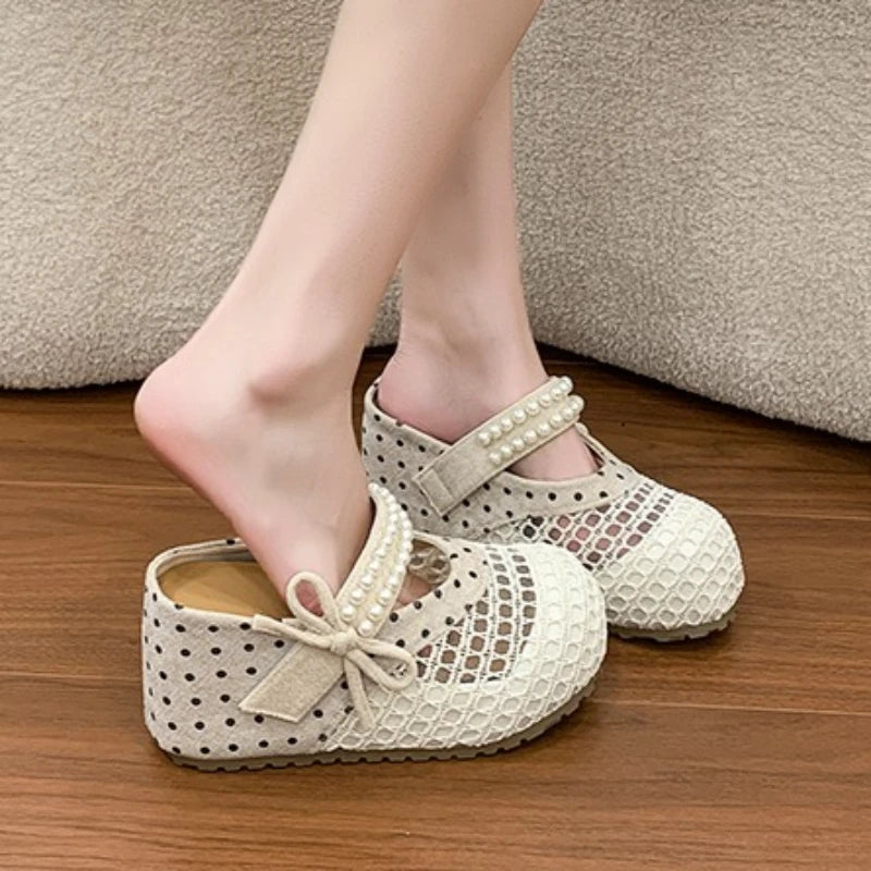 Round Closed Toe Women's Summer Bow Pearl Embellishment Wedge Heel Zpaxo
