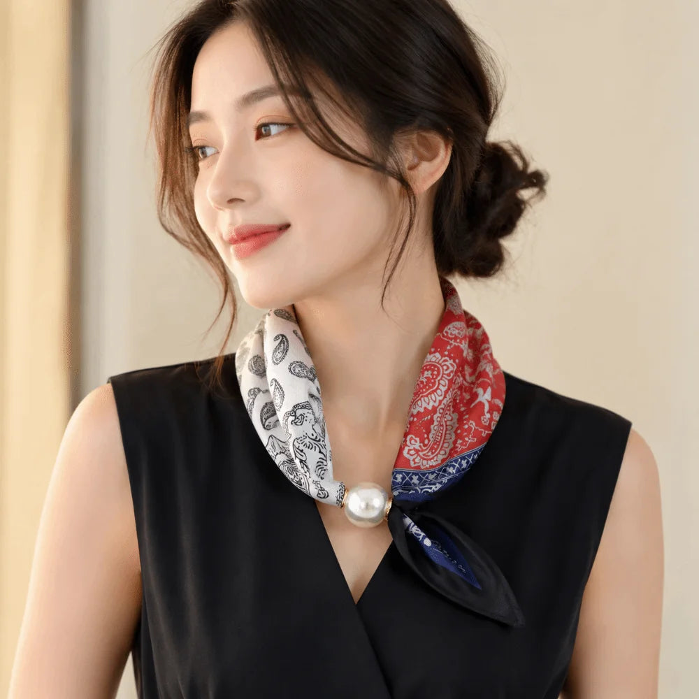 Elegant Breathable Silk Scarf Pearl Buckle Printed Magnetic Snap Scarf Lightweight Thin Faux Pearl Scarf for Women Accessories Zpaxo