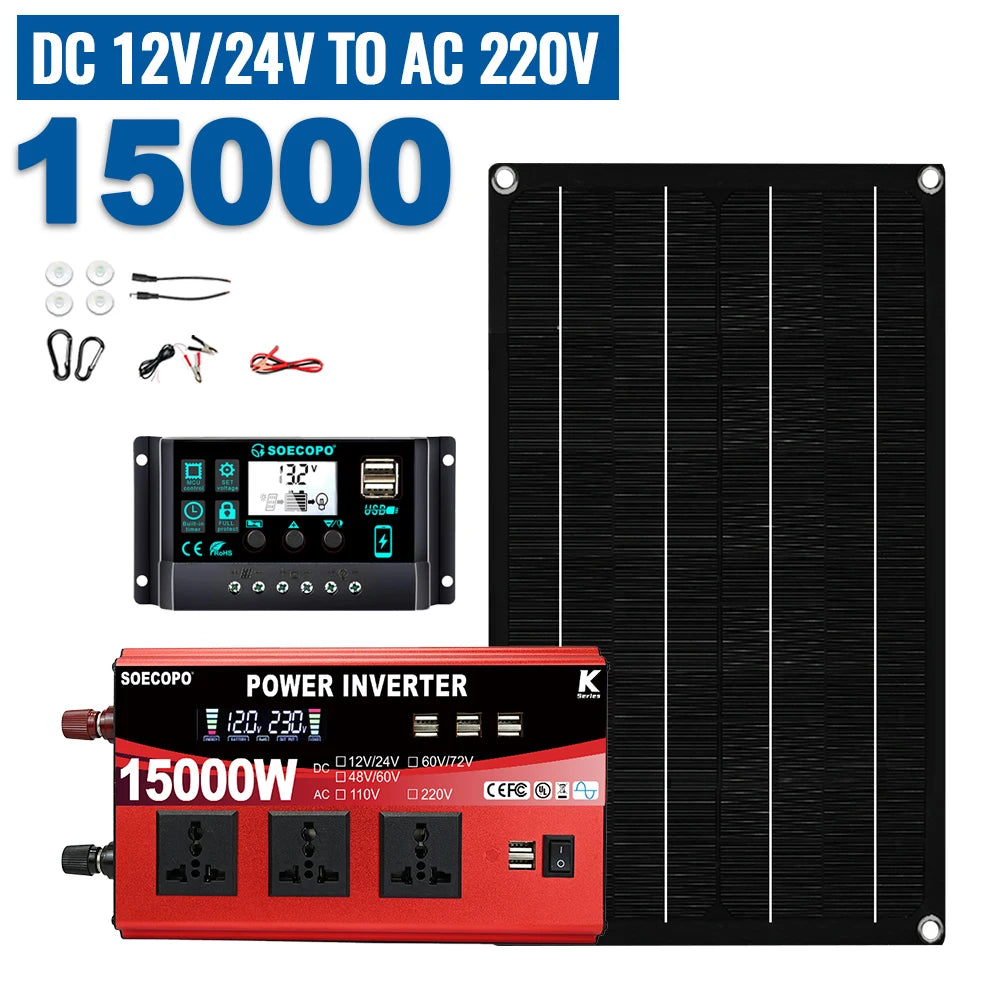 SOECOPO 15000W Portable Solar system Kit 800W Panel Dual - Voltage Input Inverter (3 Sockets 8 USBs) 100A Controller Camping Zpaxo 12V 24V To 220V 50Hz