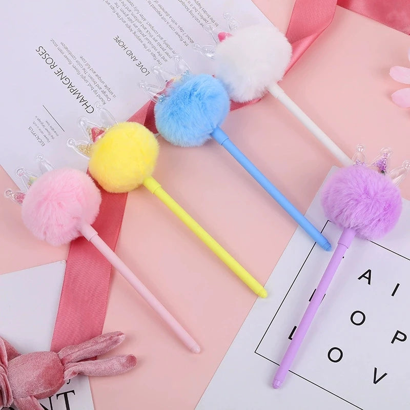 Kawaii Crown Pom Gel Pen Cute Fluffy Plush Black Ink Writing Pastel