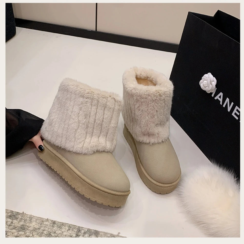 Fashion Women Round Toe Warm Thickened Plush Winter Beige Mid-calf