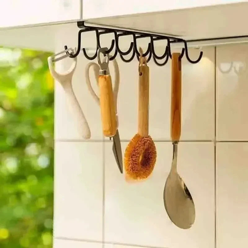 New Hole-free Kitchen Hook Rack Iron Double-row Hook Hanging Rod Kitchen Utensil Rack, Spoon and Shovel Rack Wall Hanging Zpaxo