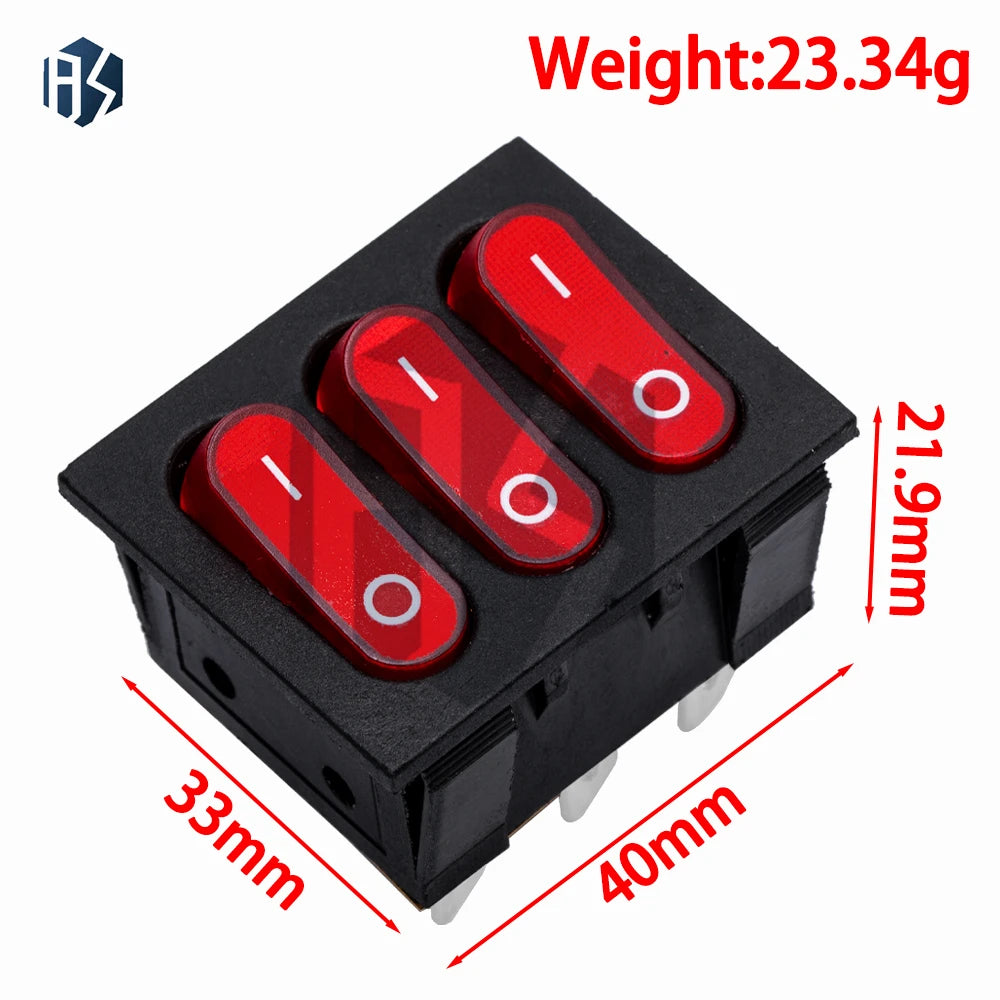 9 Pin KCD3-303 Triple Red Lamp Rocker Switch 16A 250V AC Power Toggle Zpaxo