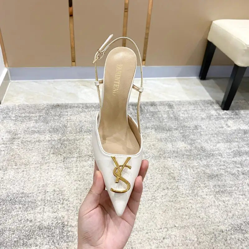 Sandals Women's Shoes Summer New Popular Metal Button Baotou Fashion Thin Heel Pointed Back Strap Single Shoes Sandales Zpaxo