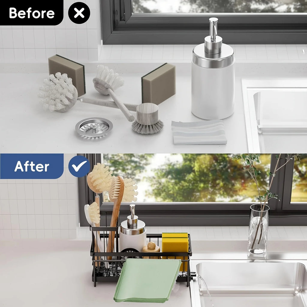 Sponge Holder for Kitchen Sink, Auto Draining Kitchen Sink Organizer, Sink Caddy with Removable Brush Holder Zpaxo
