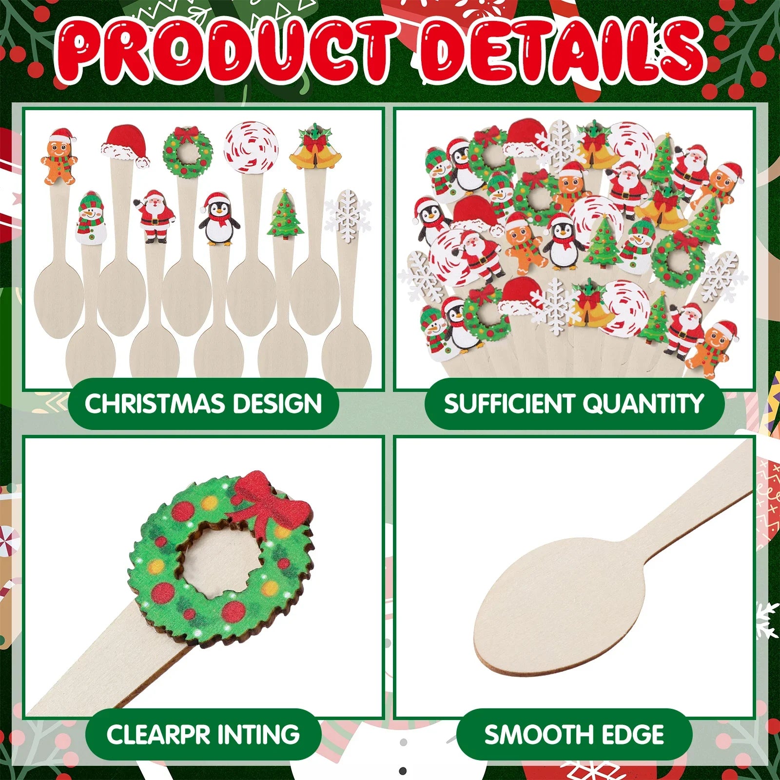 Christmas Wooden Spoons Cocoa Stirring Snowflake Gingerbread Man Zpaxo