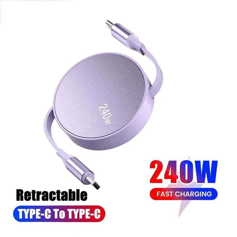 240W Type C Retractable Cable USB C PD Fast Charging Data Wire For iPhone 16 Xiaomi Huawei MacBook iPad Laptop PC Charging Cable Zpaxo