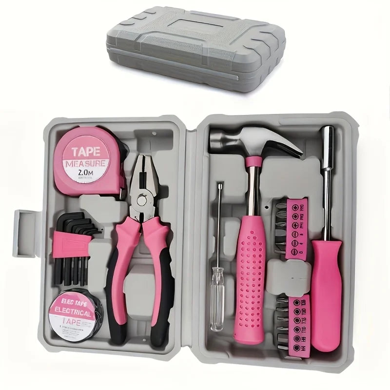 24pcs Pink Home Tool Kit Set | Portable Compact Case, Basic Hand Tools for Women DIY Household Repair, Complete Gift Idea Zpaxo GJX-pink-I