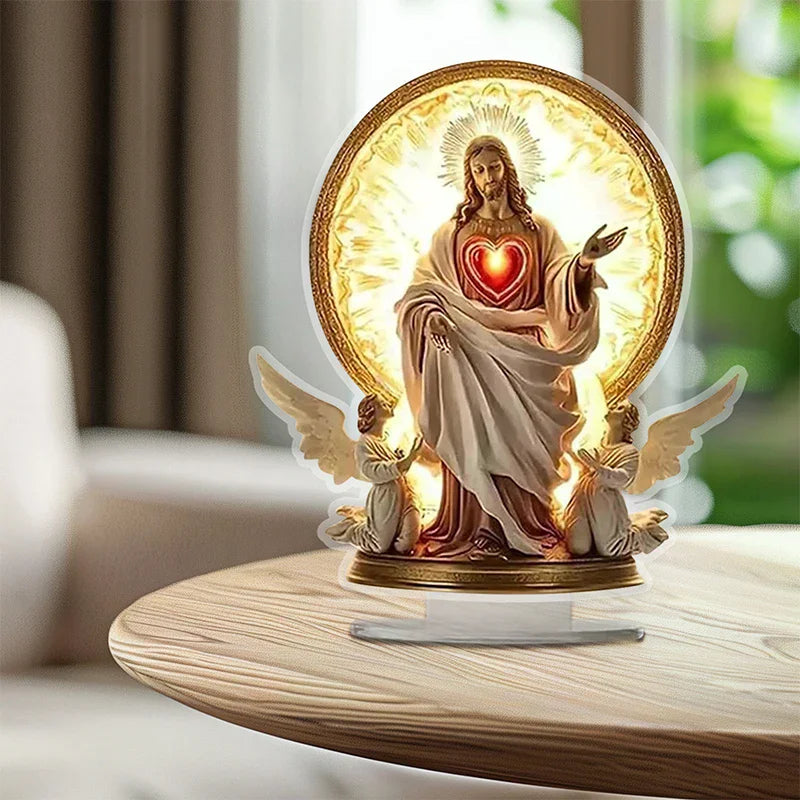Acrylic Traditional Religious Art Desktop Sacred Heart Of Jesus Angel With Base Zpaxo