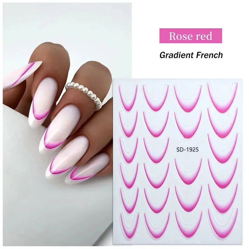 French Gradient Line Nail Art Stickers 3D Self-Adhesive White+Black Slider Design Nail Tip Stencil Manicure Guide DIY Nail Decor Zpaxo 03 Rose Red