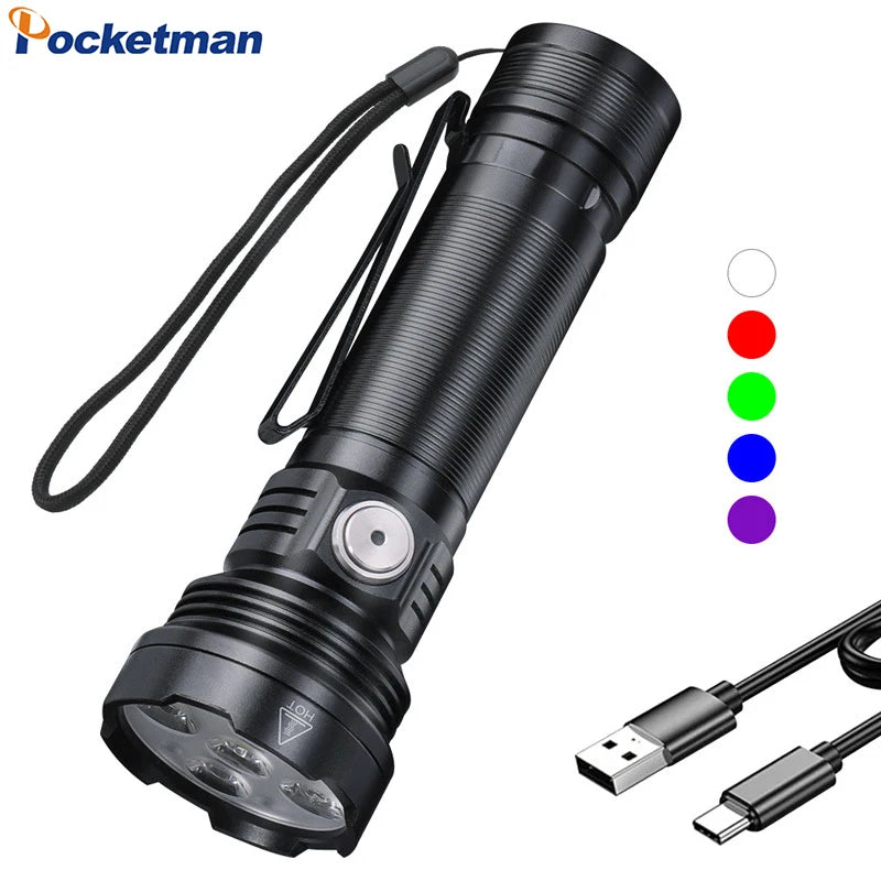 5-Color Tactical Flashlight – UV, 3800LM, USB Rechargeable