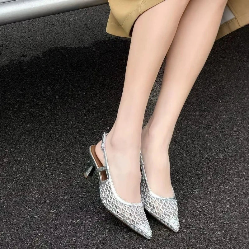 2026 Summer Fashion Hollow Breathable Mesh Pointed Toe Stiletto Heels Zpaxo Silver 38