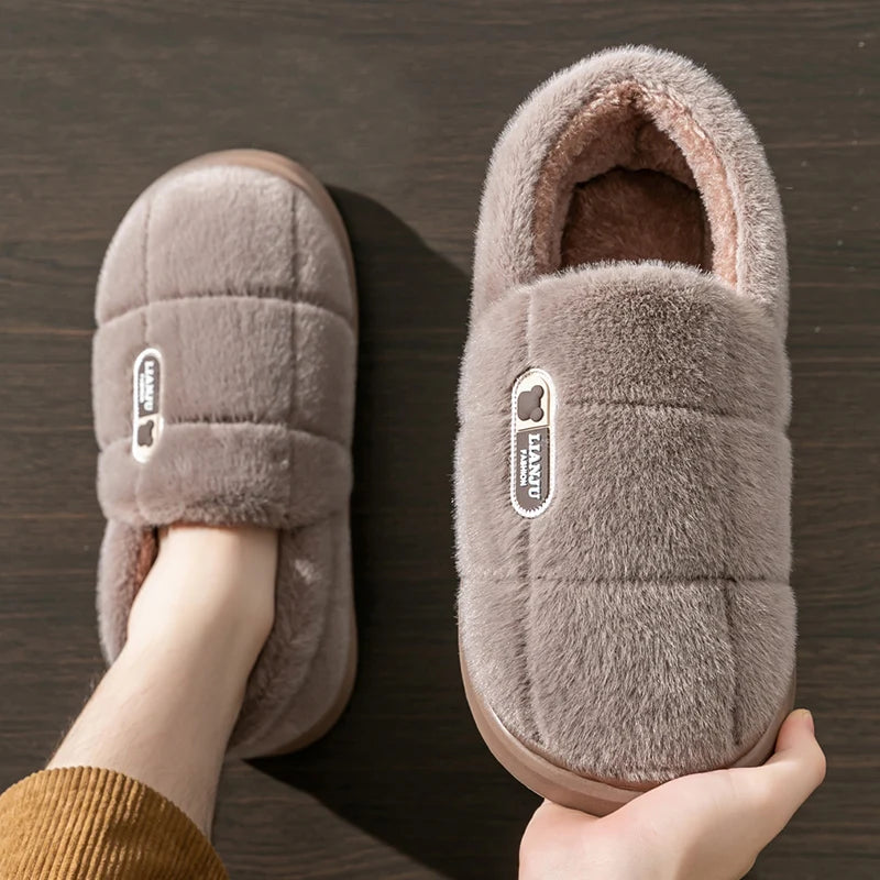 Men's Slippers Winter Solid Wrap Heels Plush Non-slip Warm Women Men