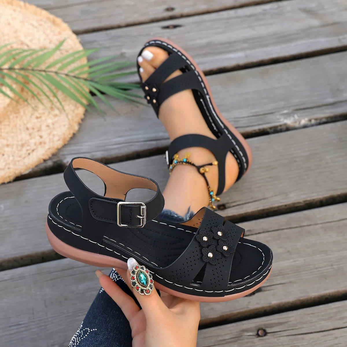 Women Sandals Plus Size Ankle Buckle Wedge Shoes Woman Retro Flower Platform Sandals Women Comfort Non Slip Orthopedic Shoes Zpaxo black 36