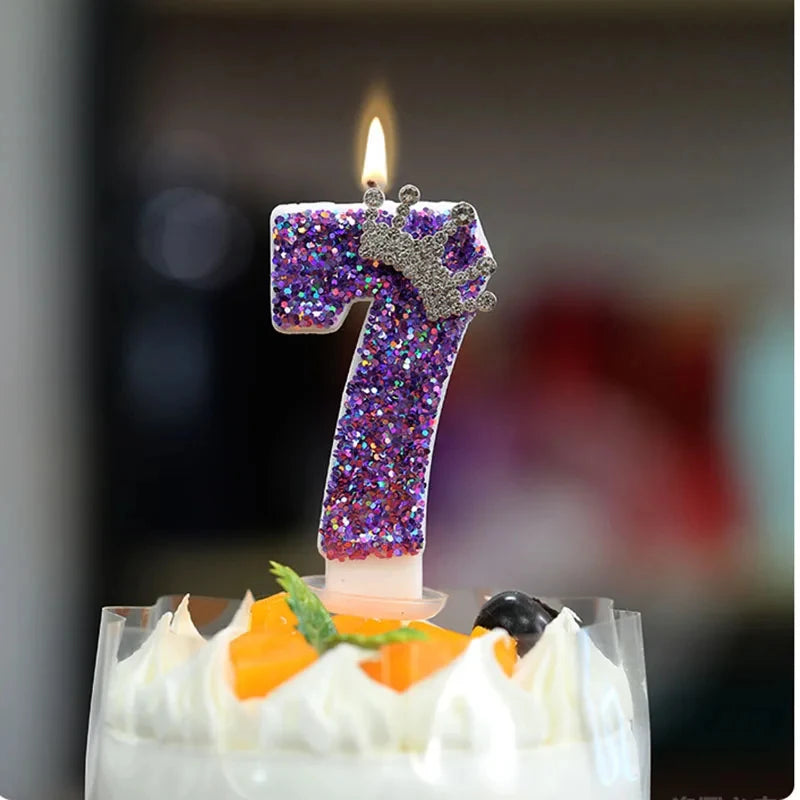 Purple Glitter Crown-shaped Number Birthday Candles Cake Decorations